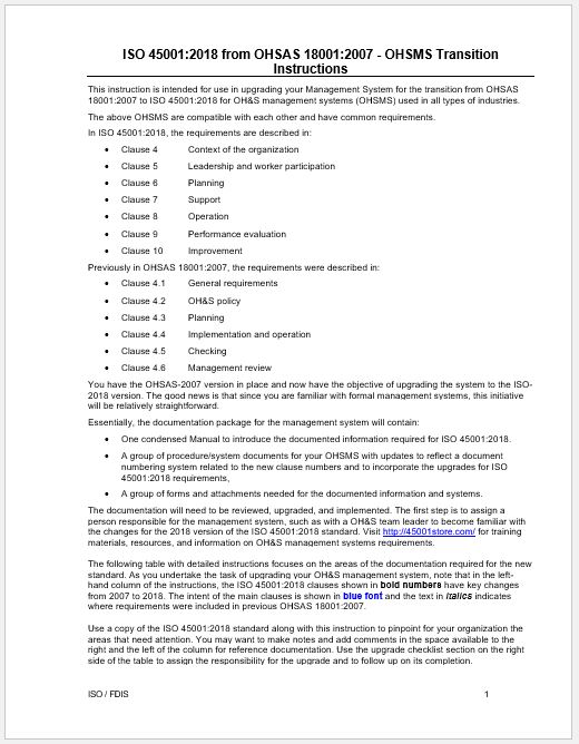 OHSAS 18001:2007 to ISO 45001:2018 SMS Transition Instructions